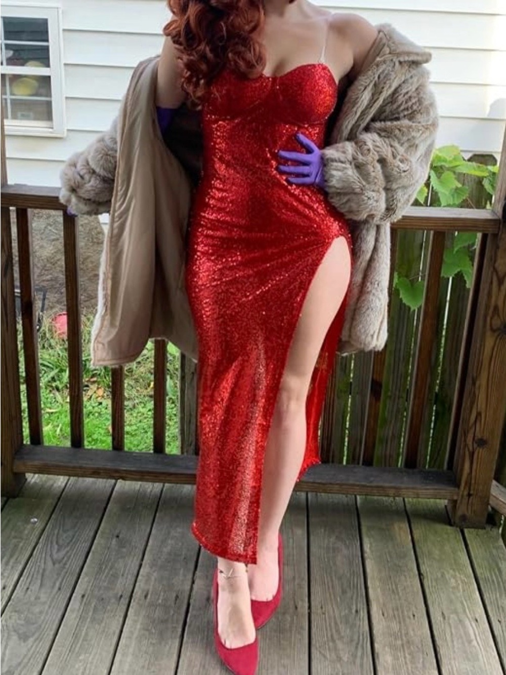 Jessica Rabbit inspired XL red sequin dress with shorts. Miccostumes